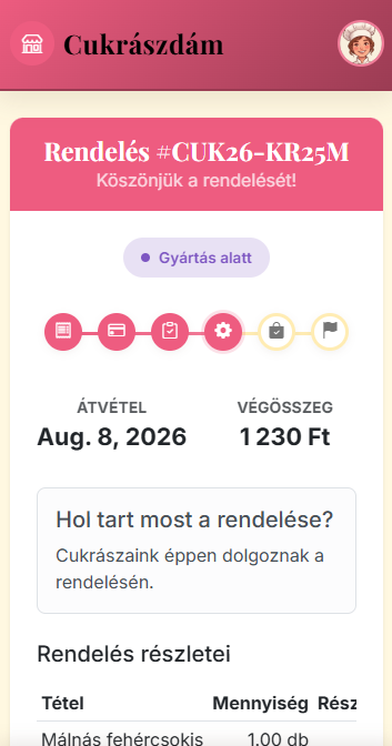 Vevői rendeléskövető oldal mobilon: állapotjelző idővonal és átvételi információk